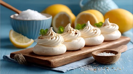Fototapeta premium Lemon meue dessert topped with mint leaves on a wooden board, next to fresh lemons and sugar bowl.
