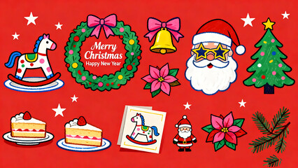 Hand-Drawn Christmas Clip Art Bundle | Cute Doodle Santa, Rocking Horse, and Cake Sticker Set