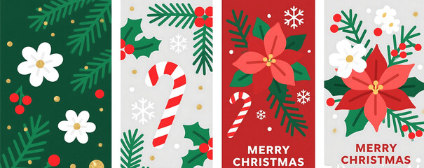 Flat Design Christmas Foliage Vertical Card Set | Poinsettia and Holly Winter Background Bundle