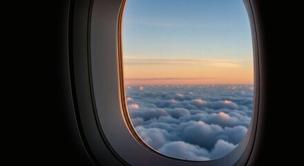 Breathtaking aerial view of fluffy clouds at sunset seen through an airplane window inspires wanderlust and adventure
