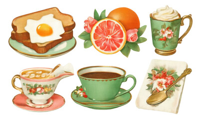 Vintage Breakfast Collection with Egg Toast, Fruits, and Floral Tableware Art