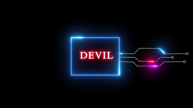 Neon Devil- text animation on black background. Glowing neon text. Neon text letter animation.