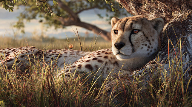 Cheetah resting under a tree in the savanna at sunset - Powered by Adobe