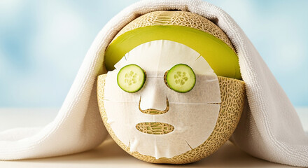 Cantaloupe Melon with Sheet Mask and Cucumber Slices for Skincare Concept
