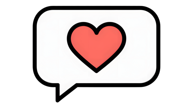 A simple coral red heart icon inside a white speech bubble with rounded corners isolated on transparent background