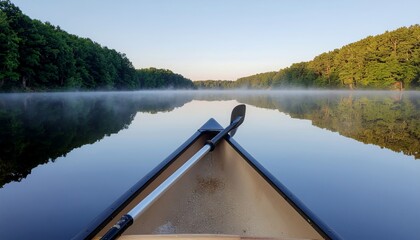 Naklejka premium Serene Morning Canoe Ride on a Misty Lake with Forest Reflections