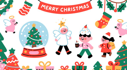 Cute Doodle Style Christmas Character Set | Snow Globe and Angel Sticker Pack Vector