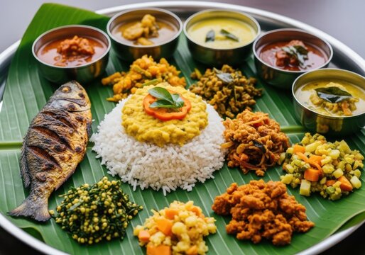 Delicious south indian fish thali meal served on banana leaf. Traditional kerala sadhya meal with rice, fish, and various side dishes on banana leaf