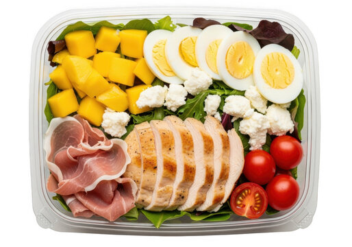 Fresh and healthy chicken salad with ham and eggs. A fresh salad with chicken, ham, mango, egg, and tomato isolated on transparent background - Powered by Adobe