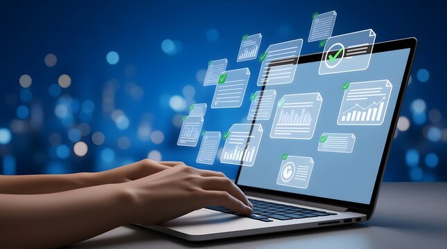 Closeup of hands typing on a laptop with digital icons floating above the keyboard, representing data analysis, cloud computing, and business intelligence