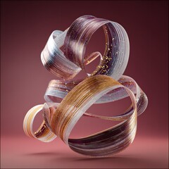 Abstract ribbons in a swirl with gold glitter accents on a pink background in a studio setting