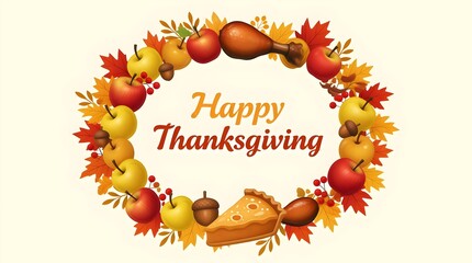 Happy thanksgiving wreath with apples, acorns, pie, chicken and autumn leaves isolated on white background perfect for greeting cards, invitations, posters