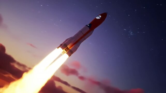 A stylized rocket ship ascends into a vibrant sky, leaving a trail of fire. Clouds surround its path in a stylized sky