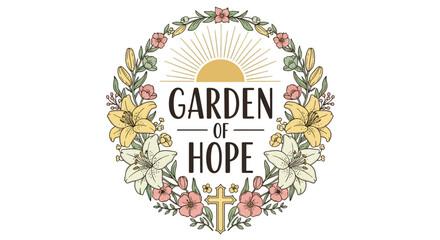 Illustration of a floral wreath with cross and sunburst design and hope message