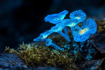 Bioluminescent fungi and lichen glowing together in the dark