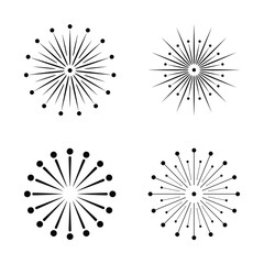 Four stylized starbursts and dandelion seed head illustrations