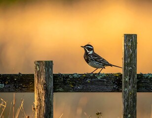 Small, colorful bird perched on a weathered wooden fence at sunrise