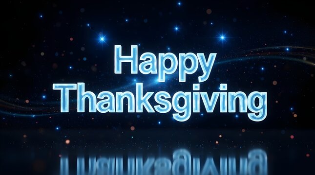 Happy thanksgiving text animation with glowing particles and reflection on a dark blue background, perfect for holiday greetings and festive celebrations