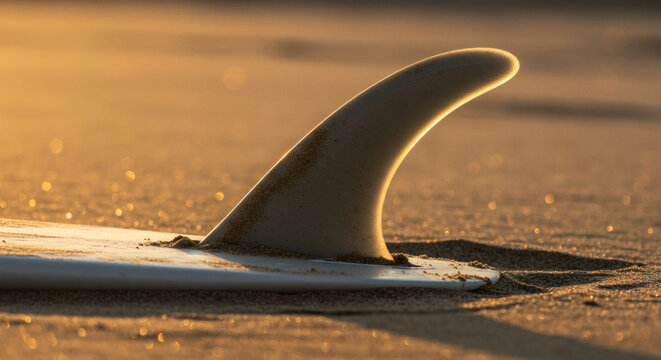 Surfboard fin sunk in sand at golden hour beach sunset captures serene ocean adventure and coastal lifestyle vibes