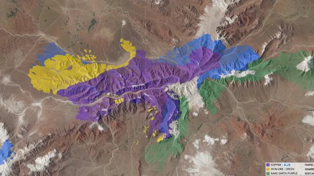 Satellite imagery displaying layered geological data with colorcoded mineral distributions for ore prospecting analysis