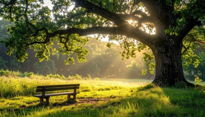 Obraz premium Serene Oak Tree Bathed in Golden Sun Rays Overlooking a Verdant Meadow at Sunrise with a Wooden Bench Below on a Clear Morning