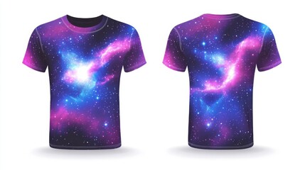 sports jersey, with swirling cosmic patterns, glowing nebula textures, and vibrant interstellar colors, front and back view,