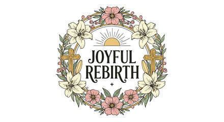 joyful rebirth wreath design with crosses and floral elements for celebration