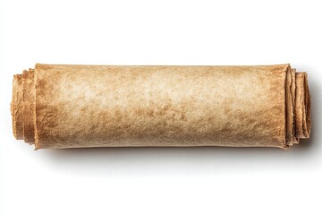 Aged paper material rolled tightly for storage or display on a white background