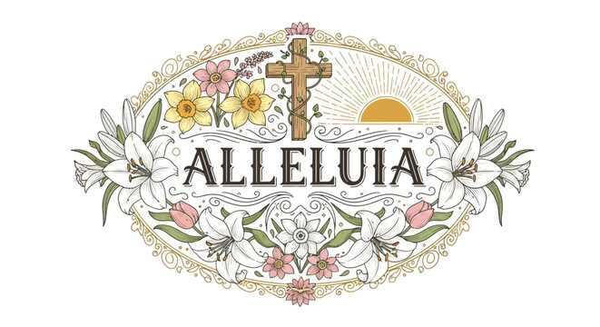 Decorative Alleluia with floral elements, cross, and sunrise illustration