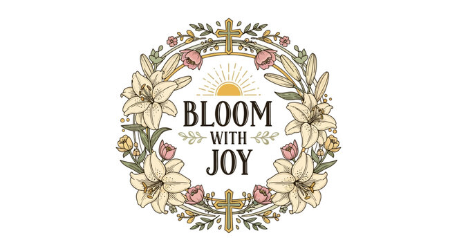 Elegant floral wreath design with inspirational 'Bloom With Joy' message central