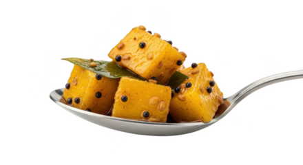 Indian mango pickle cubes with curry leaves and spices on spoon. Spoonful of mango pickle isolated on transparent background, a tangy and spicy delight