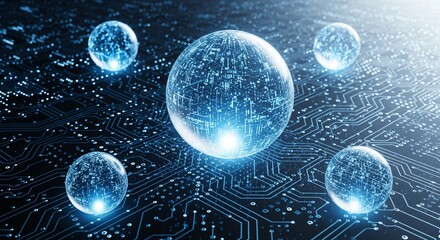 Abstract glowing spheres on a digital circuit board