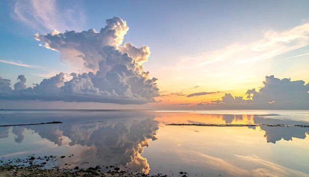Serene Tropical Waters Reflecting Dramatic Sunset Clouds Orange and Blue Sky with Calm Sea and Distant Horizon - Powered by Adobe