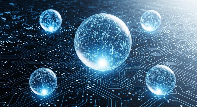 Abstract glowing spheres on a digital circuit board - Powered by Adobe