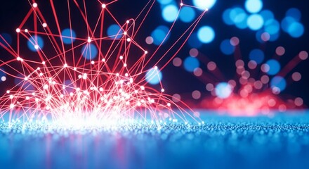 Abstract network of glowing red lines and blue bokeh lights