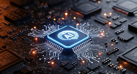 Illuminated AI Processor on Circuit Board Symbolizing Advanced Computing and Machine Learning Innovation in Digital Technology and Future Systems