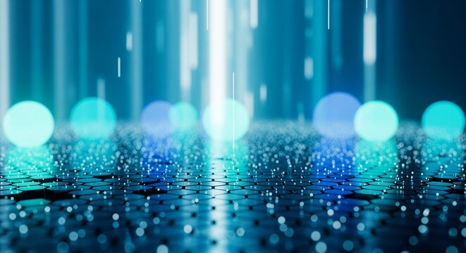 Abstract glowing blue particles and light beams on a dark background