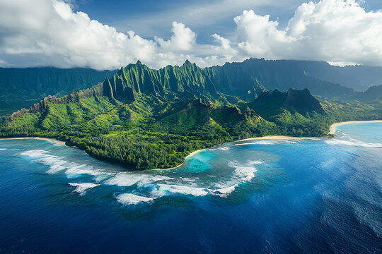 breathtaking aerial view of sapphire waves slamming against rugged tropical shoreline