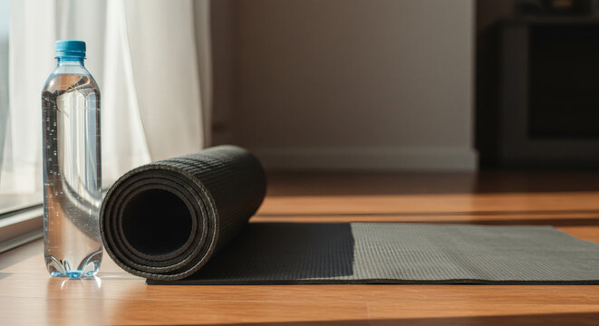 Prepare for your home workout with a rolled yoga mat and water bottle ready by the window