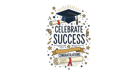 Graduation success emblem with cap, diplomas, and congratulations message
