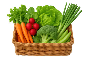 Fresh organic vegetables in wicker basket with transparent background