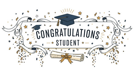 Graduation banner with mortarboard and diploma celebrating academic achievement