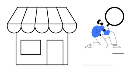 Storefront representing small business beside person analyzing with magnifying glass. Ideal for retail, market research, business analysis, customer discovery, sales strategy, entrepreneurship
