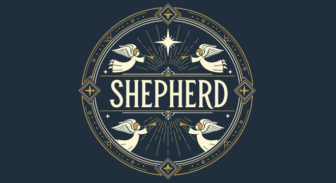 angelic heraldry emblem with shepherd text and starburst divine illumination