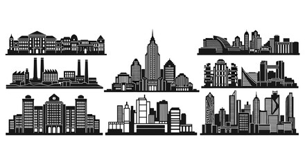 Fototapeta premium Diverse cityscapes in black and white offer modern architectural skyline views, perfect for urban planning and creative city development projects today