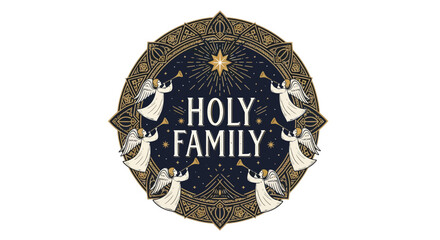 stylized holy family emblem with angelic figures and star motif in a © FITRI