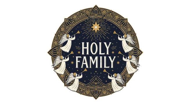 stylized holy family emblem with angelic figures and star motif in a