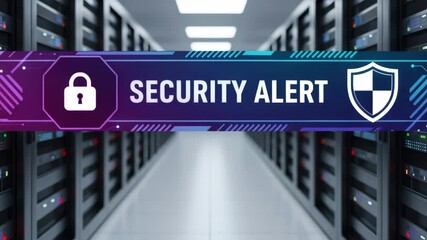 Security alert message moving across server racks. Data center cybersecurity warning and network protection concept. - Powered by Adobe
