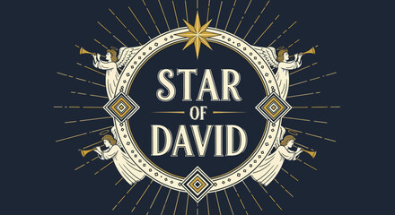 Celestial heraldry with trumpeting figures and guiding star emblem