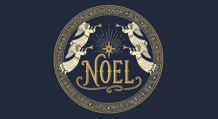 vintage holiday noel banner with ornate angels and central shining star emblem